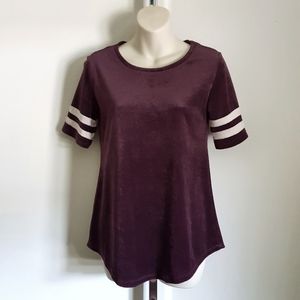 Dark purple velvet stripe sleeve college tee